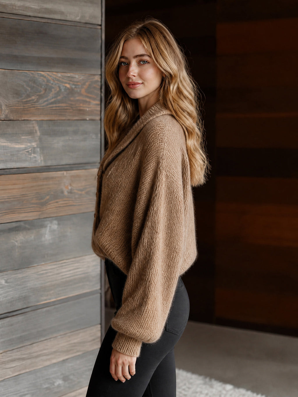 Chic Elegant Camel Lapel Button-Front Long-Sleeve Cross-Front Ruched Detail Loose-Fit Wool Blend Knit Sweater