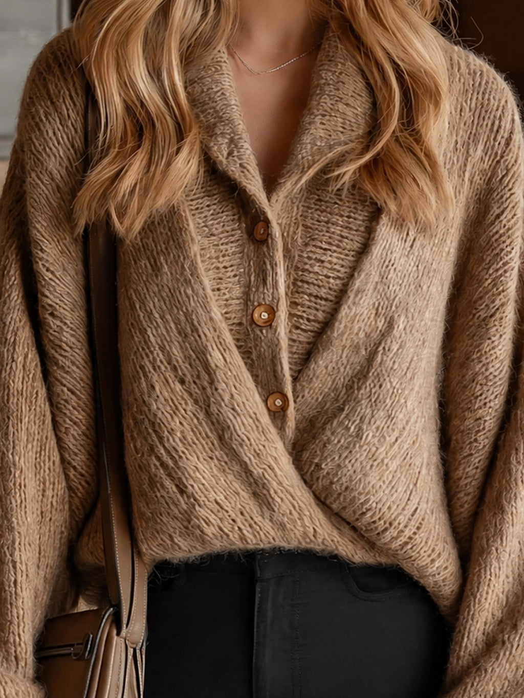 Chic Elegant Camel Lapel Button-Front Long-Sleeve Cross-Front Ruched Detail Loose-Fit Wool Blend Knit Sweater