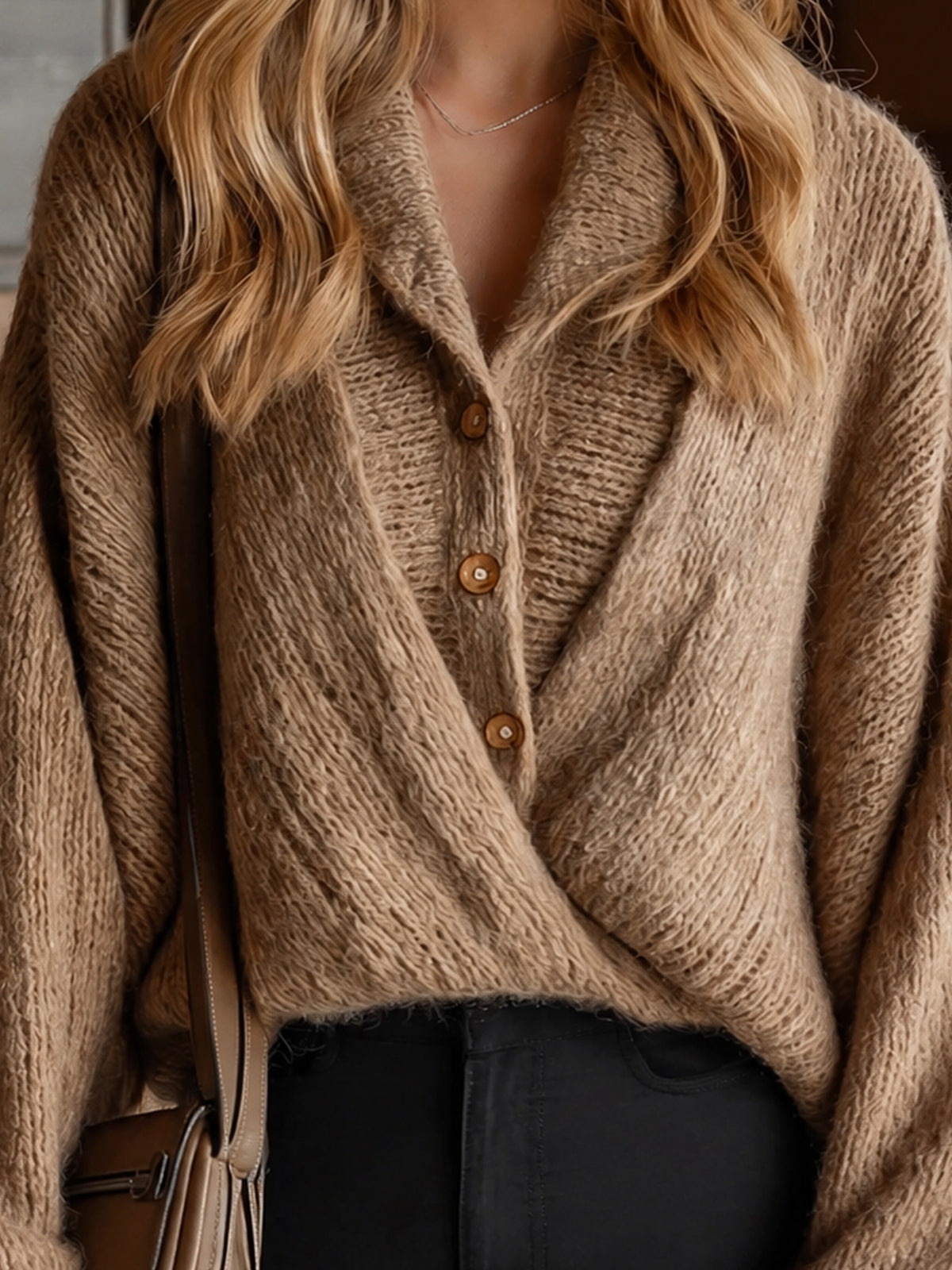 Chic Elegant Camel Lapel Button-Front Long-Sleeve Cross-Front Ruched Detail Loose-Fit Wool Blend Knit Sweater
