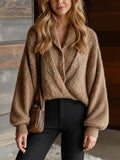 Chic Elegant Camel Lapel Button-Front Long-Sleeve Cross-Front Ruched Detail Loose-Fit Wool Blend Knit Sweater