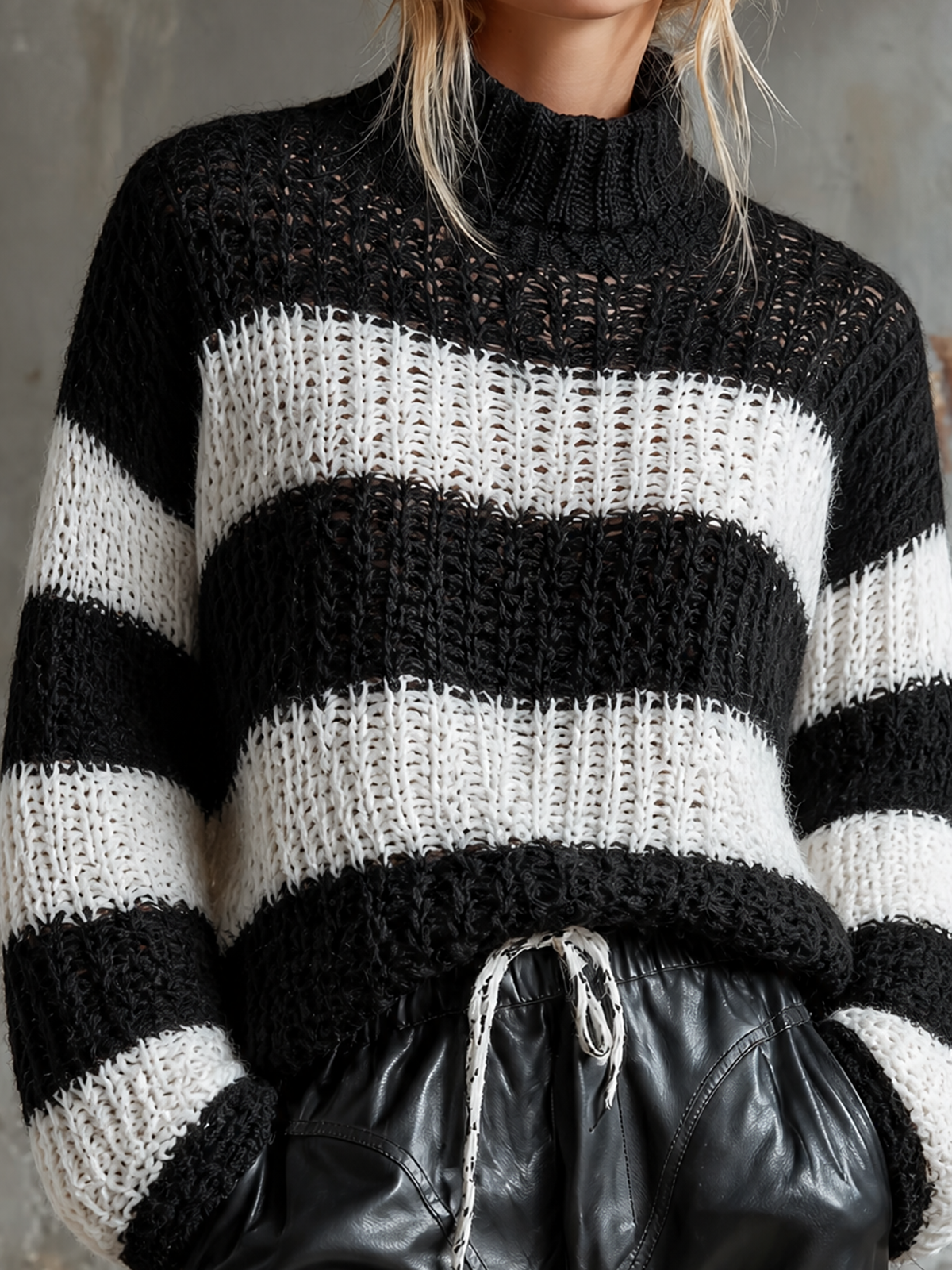 Chic Casual Black-White Stripes Turtleneck Dropped-Shoulder Long-Sleeve Loose-Fit Knit Sweater