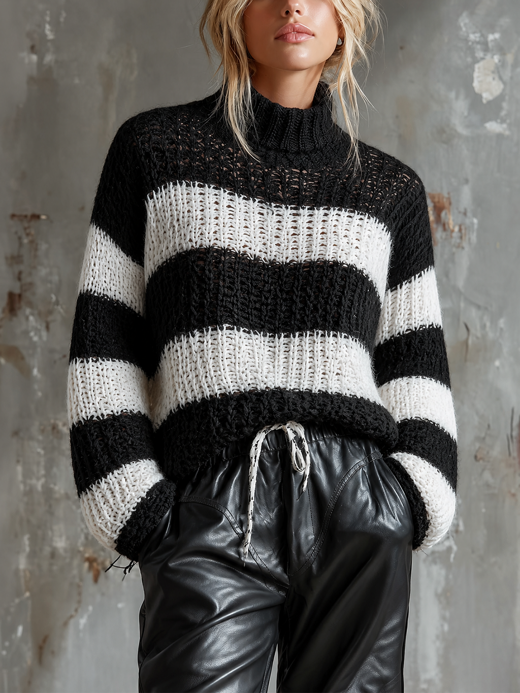Chic Casual Black-White Stripes Turtleneck Dropped-Shoulder Long-Sleeve Loose-Fit Knit Sweater