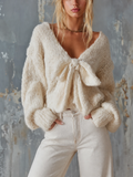 Chic Casual Off-White V‑Neck Front Bow Tie Dropped-Shoulder Long-Sleeve Loose-Fit Chunky Knit Sweater