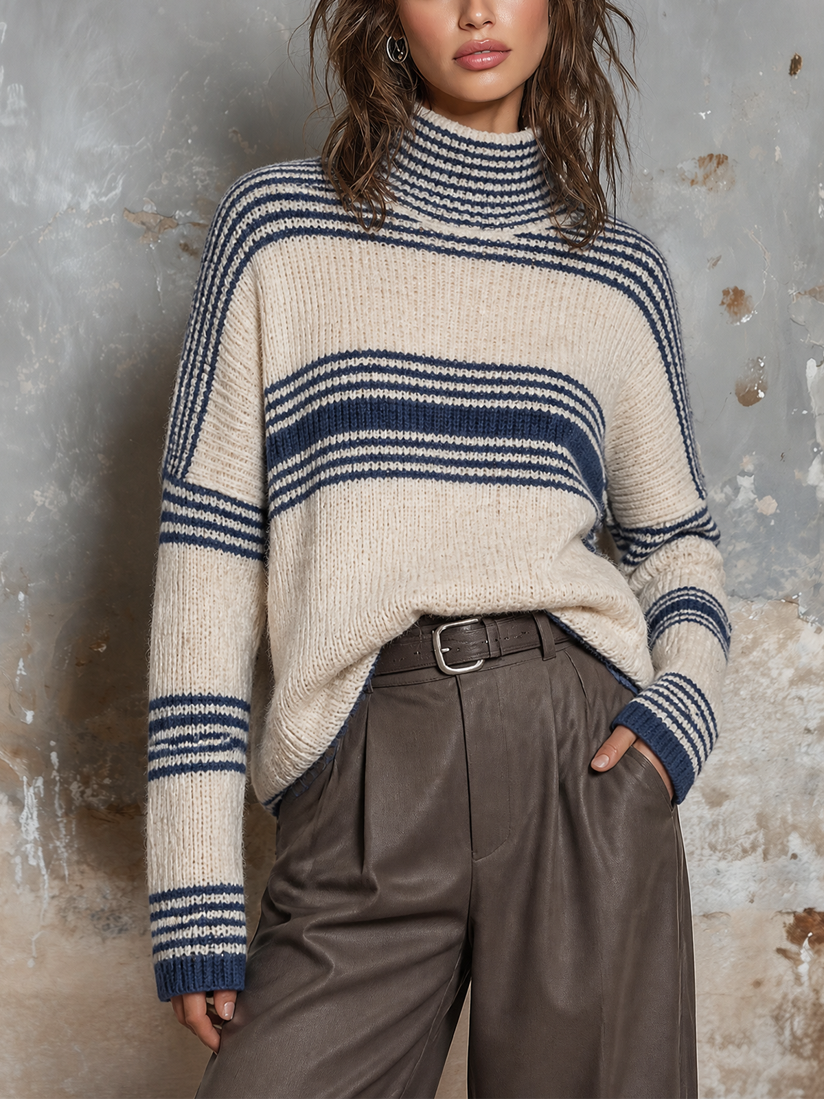 Chic Casual Oatmeal-Navy Blue Stripes Turtleneck Dropped-Shoulder Long-Sleeve Loose-Fit Knit Sweater