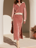 Vintage Old Money Zip-Up Lapel Top And Side Slit Skirt Velvet Two-Piece Set