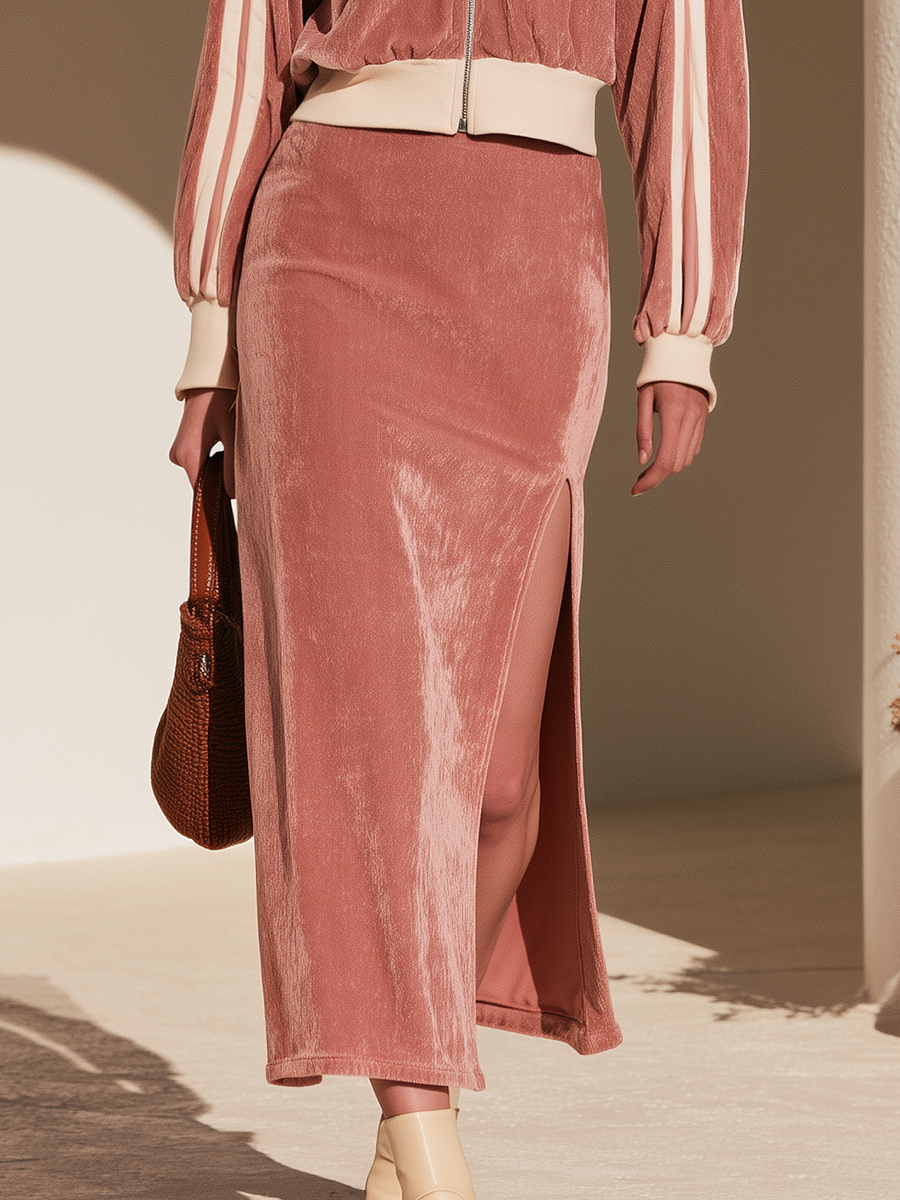 Vintage Old Money Zip-Up Lapel Top And Side Slit Skirt Velvet Two-Piece Set