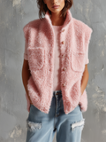 Chic Casual Pink Stand Collar Single-Breasted Patch Pocket Sleeveless Loose-Fit Fuzzy Curly Knit Vest Top