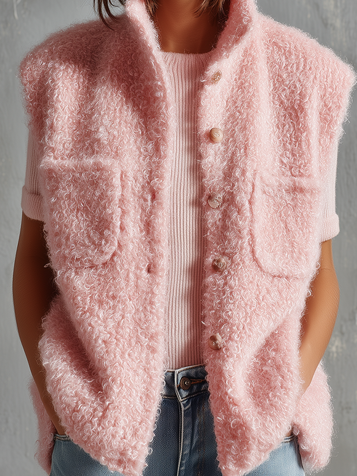 Chic Casual Pink Stand Collar Single-Breasted Patch Pocket Sleeveless Loose-Fit Fuzzy Curly Knit Vest Top