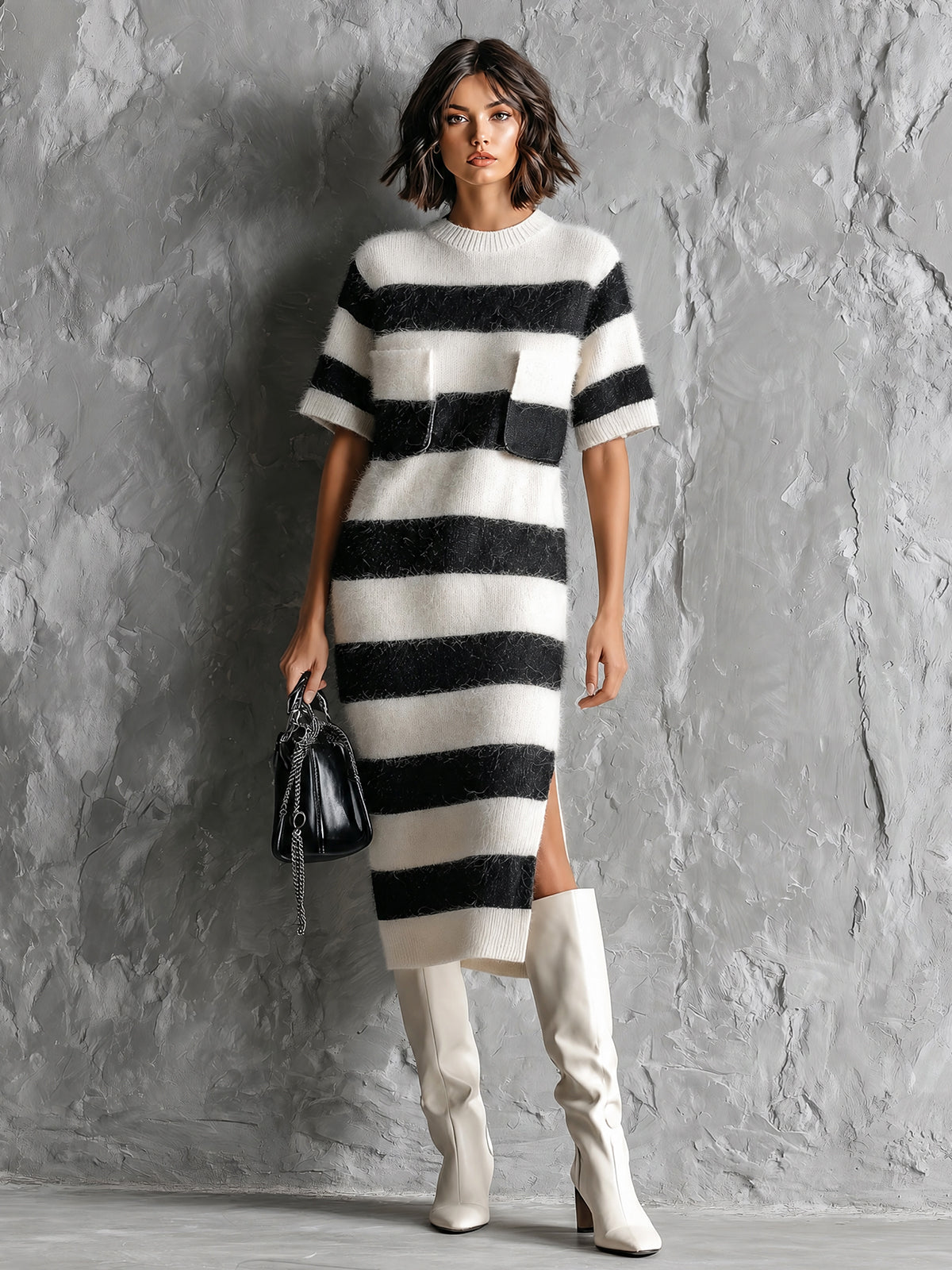 Chic Elegant White-Black Colorblock Stripes Round-Neck Short-Sleeve Patch Pockets Loose-Fit Side Slit Mohair Blend Knit Midi Dress