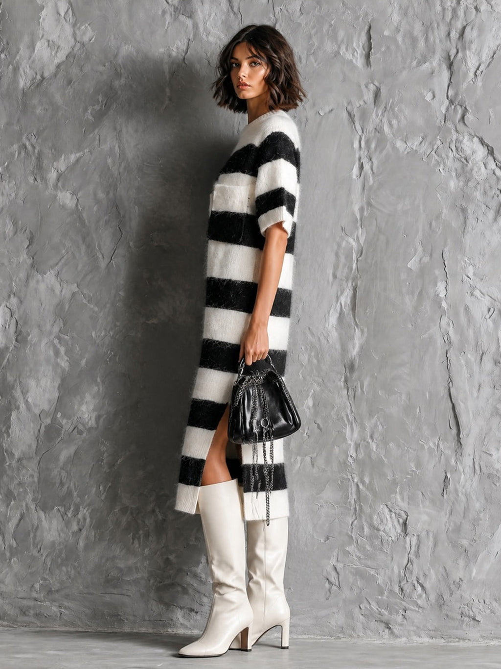 Chic Elegant White-Black Colorblock Stripes Round-Neck Short-Sleeve Patch Pockets Loose-Fit Side Slit Mohair Blend Knit Midi Dress