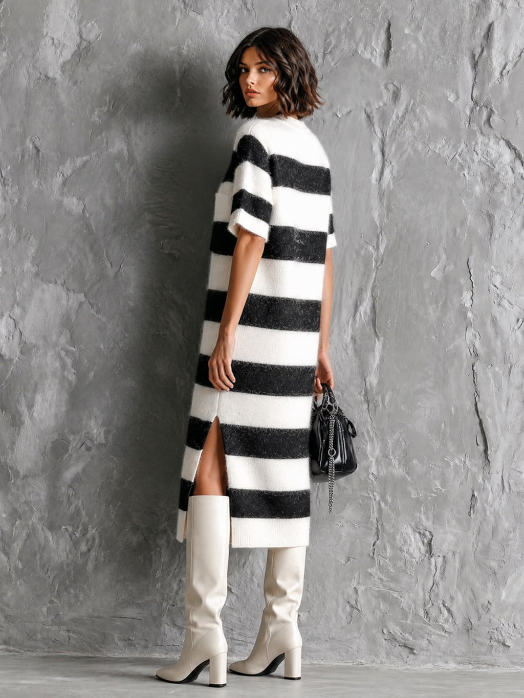 Chic Elegant White-Black Colorblock Stripes Round-Neck Short-Sleeve Patch Pockets Loose-Fit Side Slit Mohair Blend Knit Midi Dress