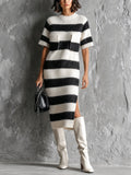 Chic Elegant White-Black Colorblock Stripes Round-Neck Short-Sleeve Patch Pockets Loose-Fit Side Slit Mohair Blend Knit Midi Dress