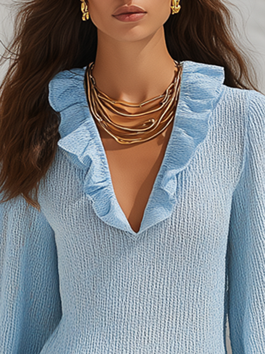 Resort-style V-neck Lantern Long-sleeved Ruffle Mini Dress