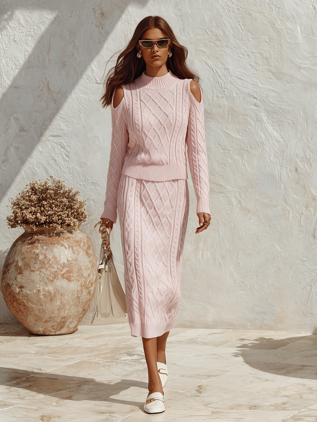 Resort-style Turtleneck Long-sleeved And Midi Skirt Knit Set