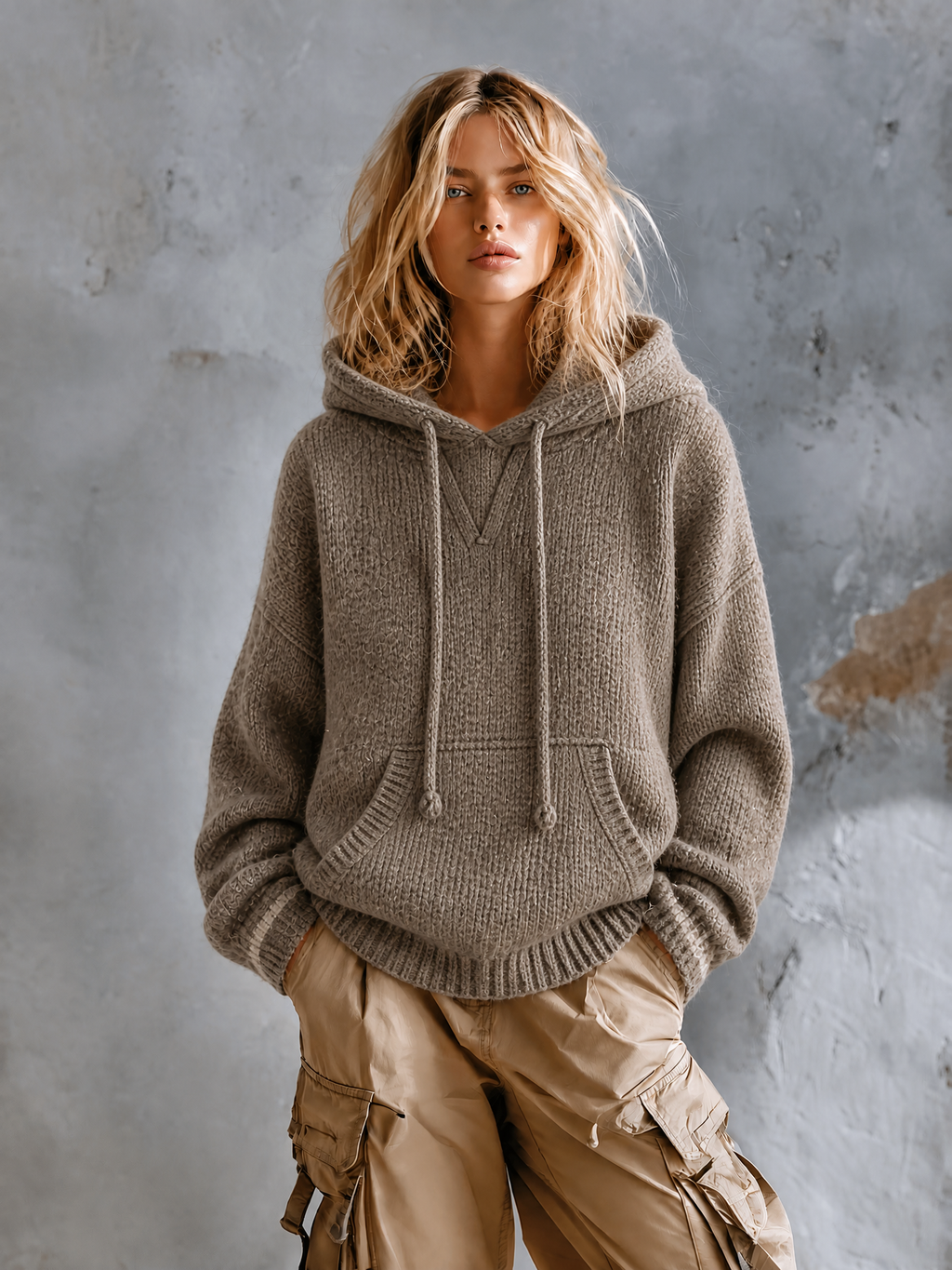 Chic Casual Taupe Drawstring Hooded Neck Dropped-Shoulder Long-Sleeve Kangaroo Pocket Loose-Fit Knit Sweater