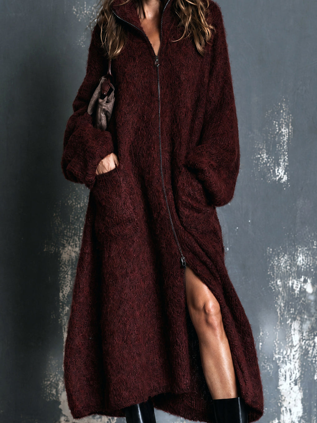 Chic Elegant Burgundy Stand-Collar Zipper-Placket Long-Sleeve Oversized Warm Wool Fuzzy Blend Knit Maxi Cardigan