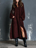 Chic Elegant Burgundy Stand-Collar Zipper-Placket Long-Sleeve Oversized Warm Wool Fuzzy Blend Knit Maxi Cardigan