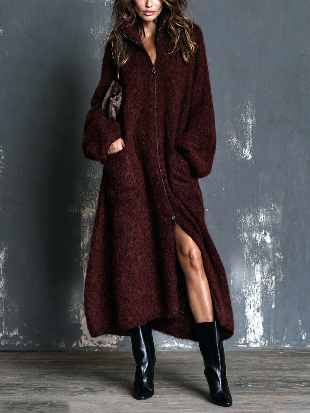 Chic Elegant Burgundy Stand-Collar Zipper-Placket Long-Sleeve Oversized Warm Wool Fuzzy Blend Knit Maxi Cardigan