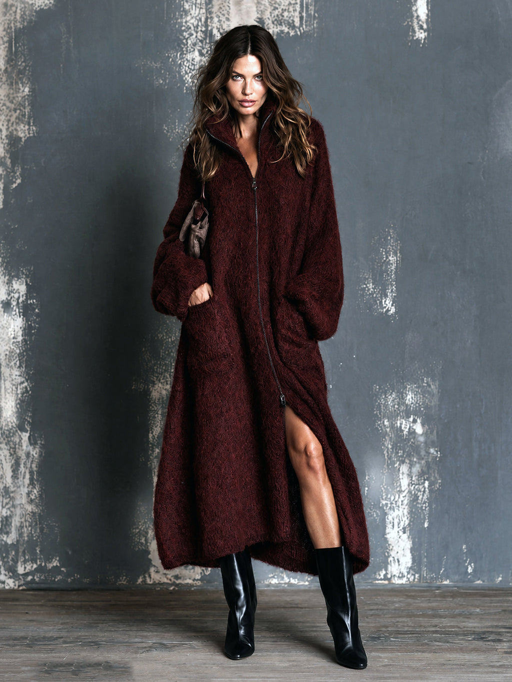 Chic Elegant Burgundy Stand-Collar Zipper-Placket Long-Sleeve Oversized Warm Wool Fuzzy Blend Knit Maxi Cardigan