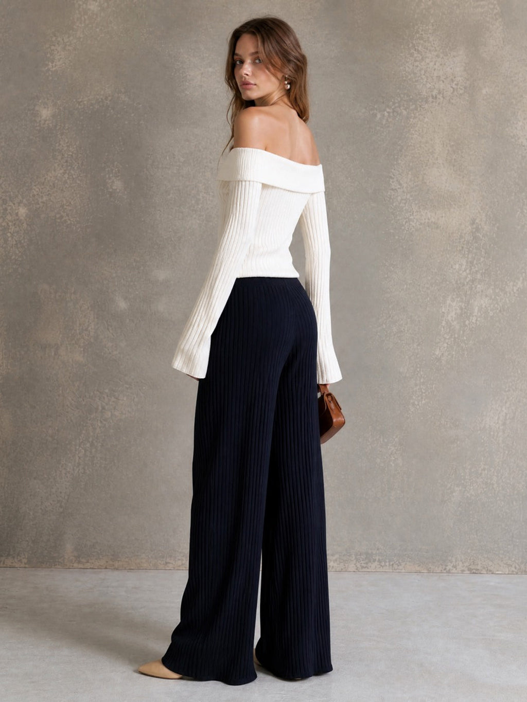 Chic Elegant Beige Off-The-Shoulder Long-Flare-Sleeve Single-Breasted Cardigan Top Navy Blue Wide-Leg Pants Ribbed Knit Two-Piece Set