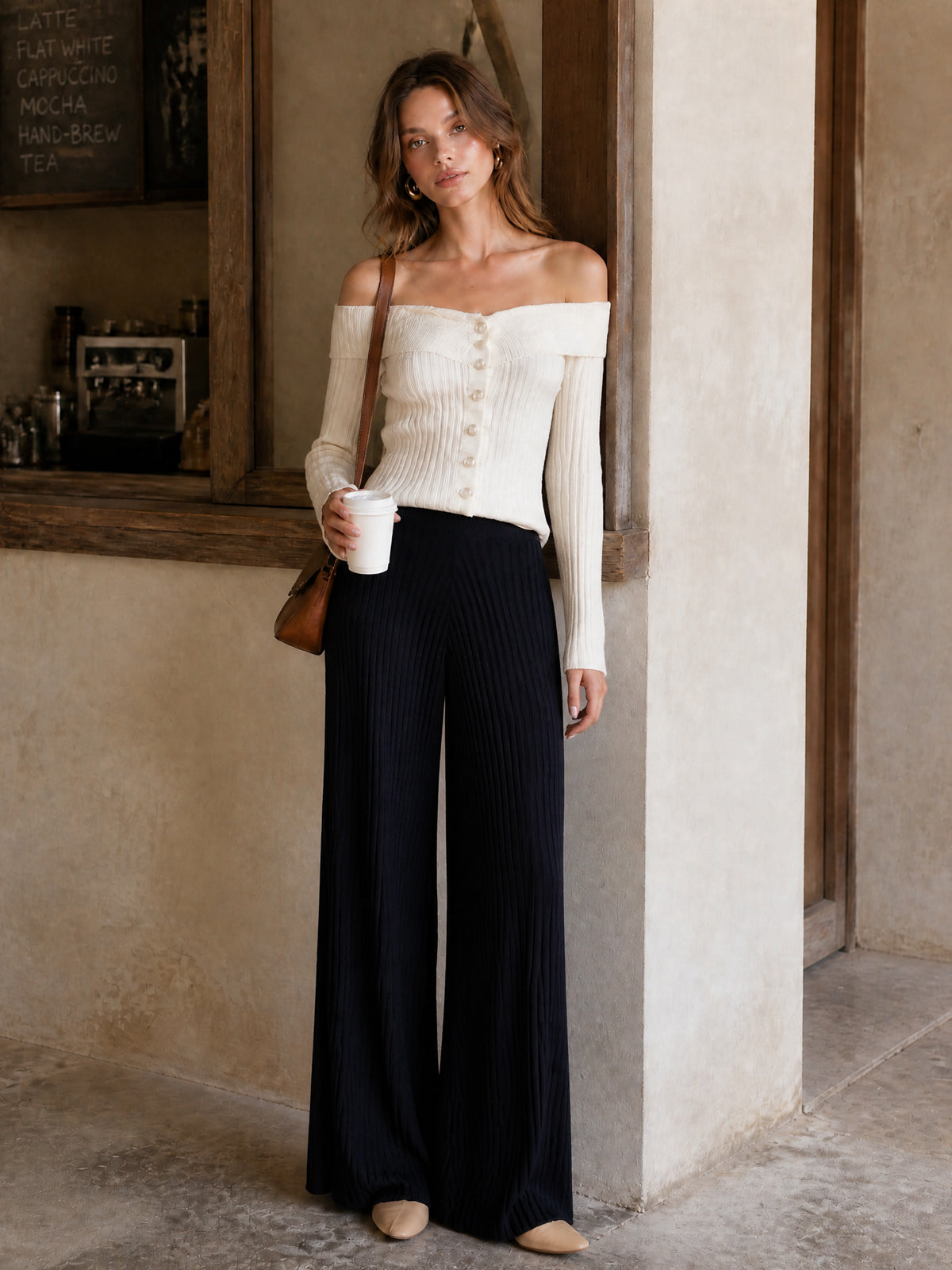 Chic Elegant Beige Off-The-Shoulder Long-Flare-Sleeve Single-Breasted Cardigan Top Navy Blue Wide-Leg Pants Ribbed Knit Two-Piece Set
