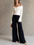 Chic Elegant Beige Off-The-Shoulder Long-Flare-Sleeve Single-Breasted Cardigan Top Navy Blue Wide-Leg Pants Ribbed Knit Two-Piece Set