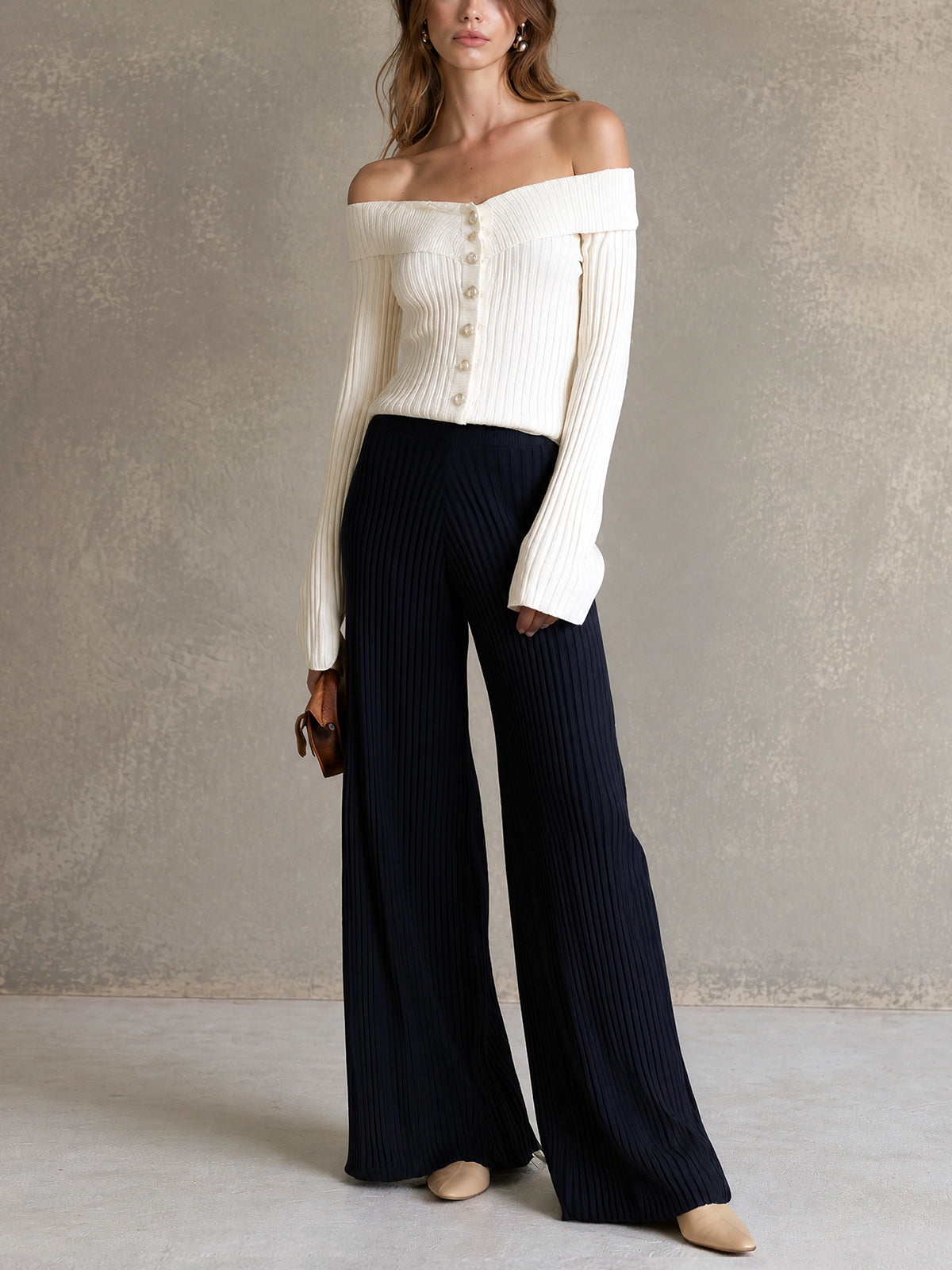 Chic Elegant Beige Off-The-Shoulder Long-Flare-Sleeve Single-Breasted Cardigan Top Navy Blue Wide-Leg Pants Ribbed Knit Two-Piece Set