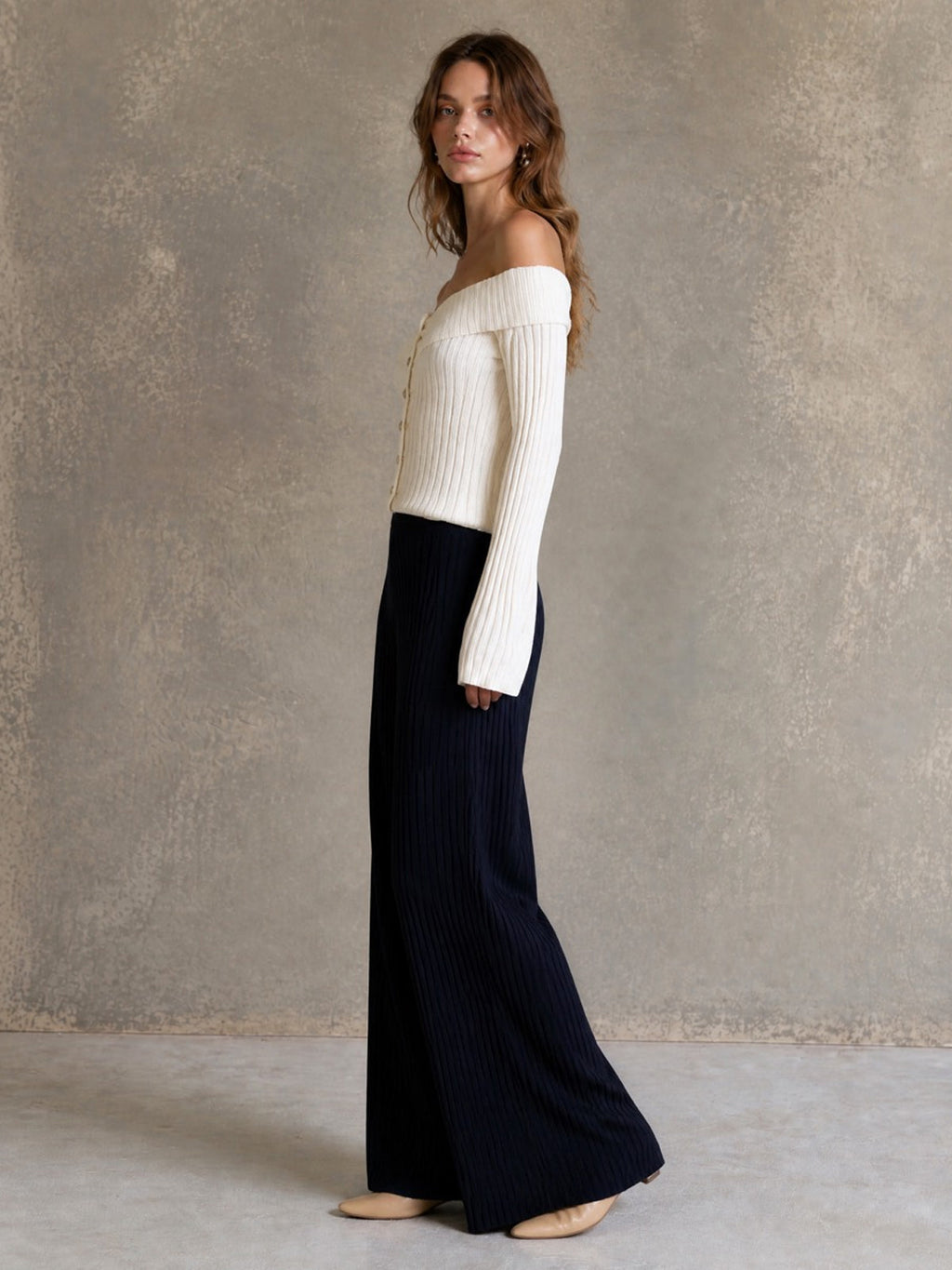Chic Elegant Beige Off-The-Shoulder Long-Flare-Sleeve Single-Breasted Cardigan Top Navy Blue Wide-Leg Pants Ribbed Knit Two-Piece Set