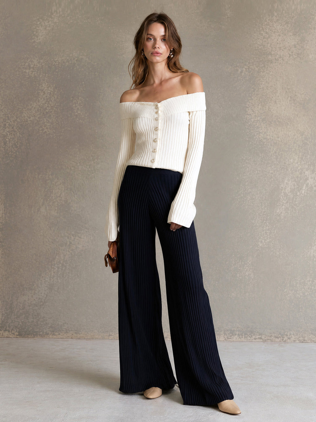 Chic Elegant Beige Off-The-Shoulder Long-Flare-Sleeve Single-Breasted Cardigan Top Navy Blue Wide-Leg Pants Ribbed Knit Two-Piece Set