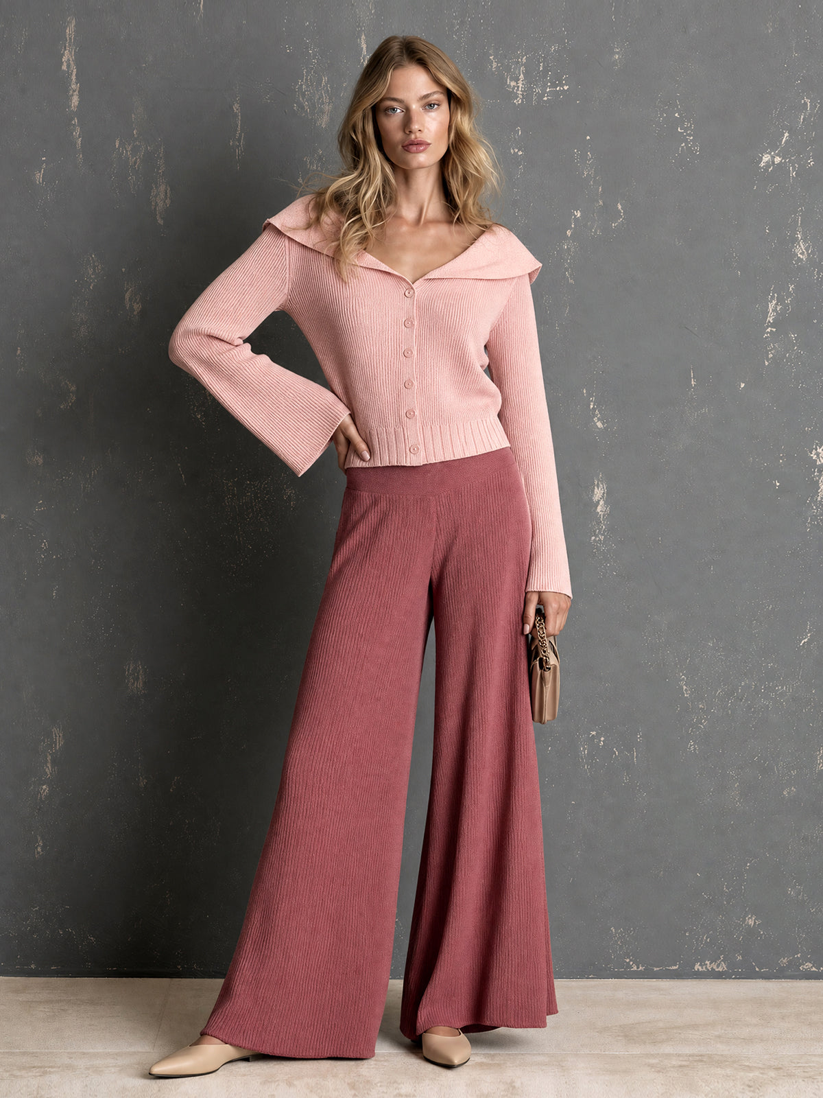 Chic Elegant Pink Peter Pan Collar Long-Flare-Sleeve Single-Breasted Cardigan Elastic-Waist Wide-Leg Pants Ribbed Knit Two-Piece Set