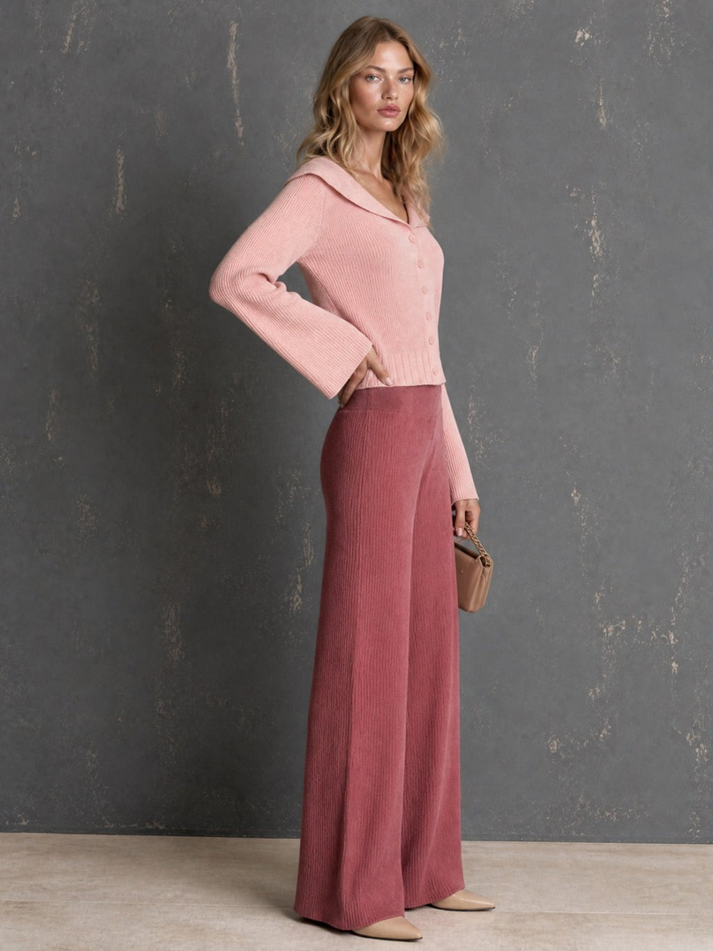 Chic Elegant Pink Peter Pan Collar Long-Flare-Sleeve Single-Breasted Cardigan Elastic-Waist Wide-Leg Pants Ribbed Knit Two-Piece Set