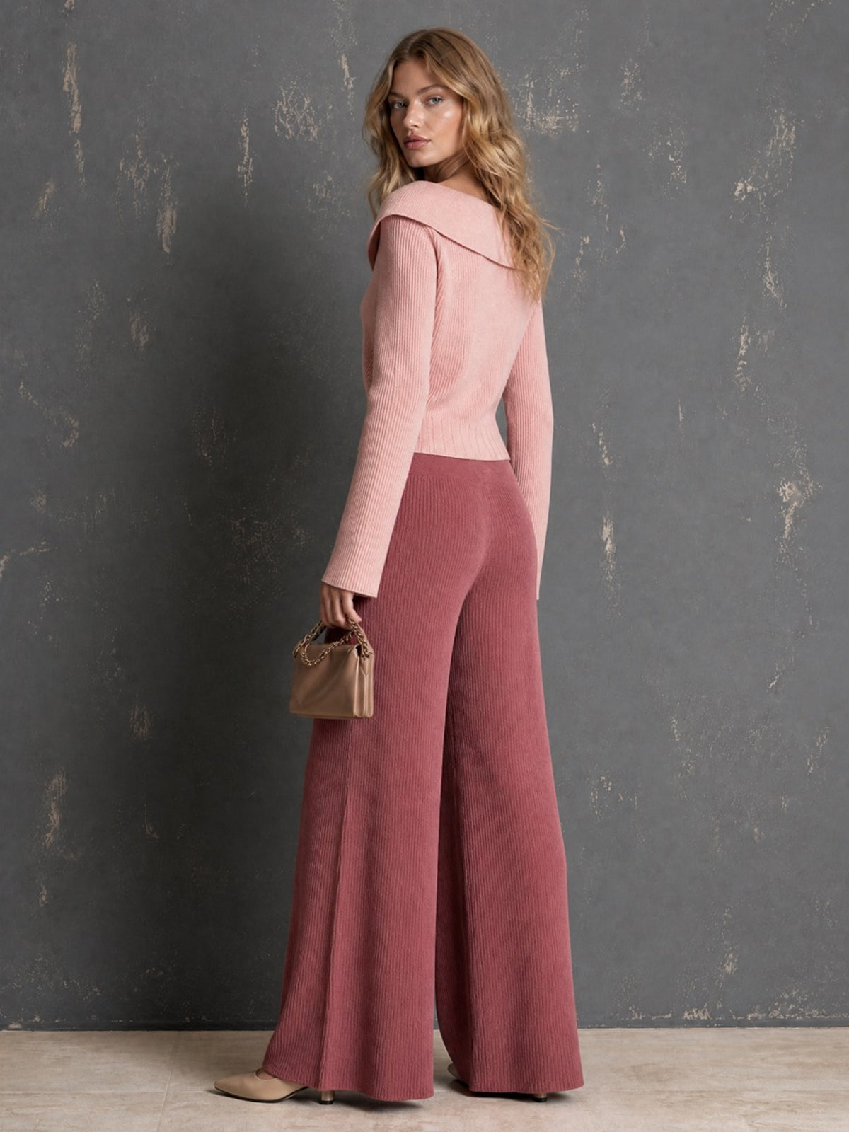 Chic Elegant Pink Peter Pan Collar Long-Flare-Sleeve Single-Breasted Cardigan Elastic-Waist Wide-Leg Pants Ribbed Knit Two-Piece Set