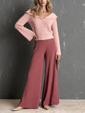 Chic Elegant Pink Peter Pan Collar Long-Flare-Sleeve Single-Breasted Cardigan Elastic-Waist Wide-Leg Pants Ribbed Knit Two-Piece Set