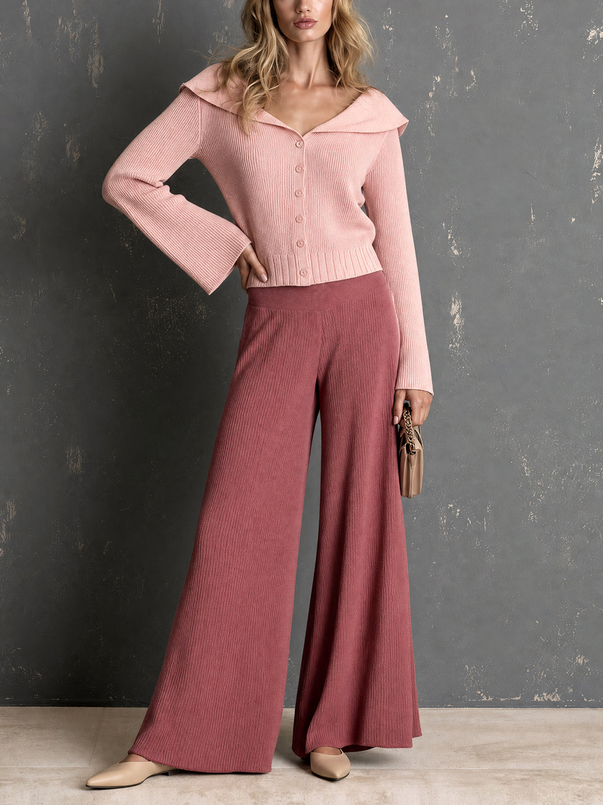 Chic Elegant Pink Peter Pan Collar Long-Flare-Sleeve Single-Breasted Cardigan Elastic-Waist Wide-Leg Pants Ribbed Knit Two-Piece Set