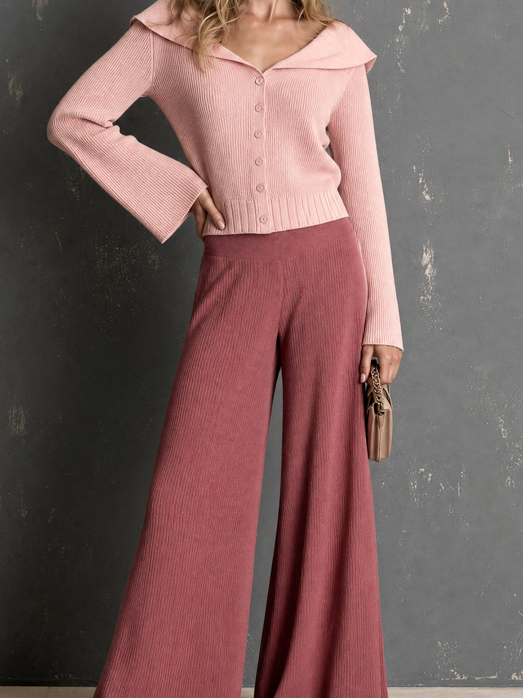 Chic Elegant Pink Peter Pan Collar Long-Flare-Sleeve Single-Breasted Cardigan Elastic-Waist Wide-Leg Pants Ribbed Knit Two-Piece Set