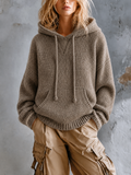 Chic Casual Taupe Drawstring Hooded Neck Dropped-Shoulder Long-Sleeve Kangaroo Pocket Loose-Fit Knit Sweater