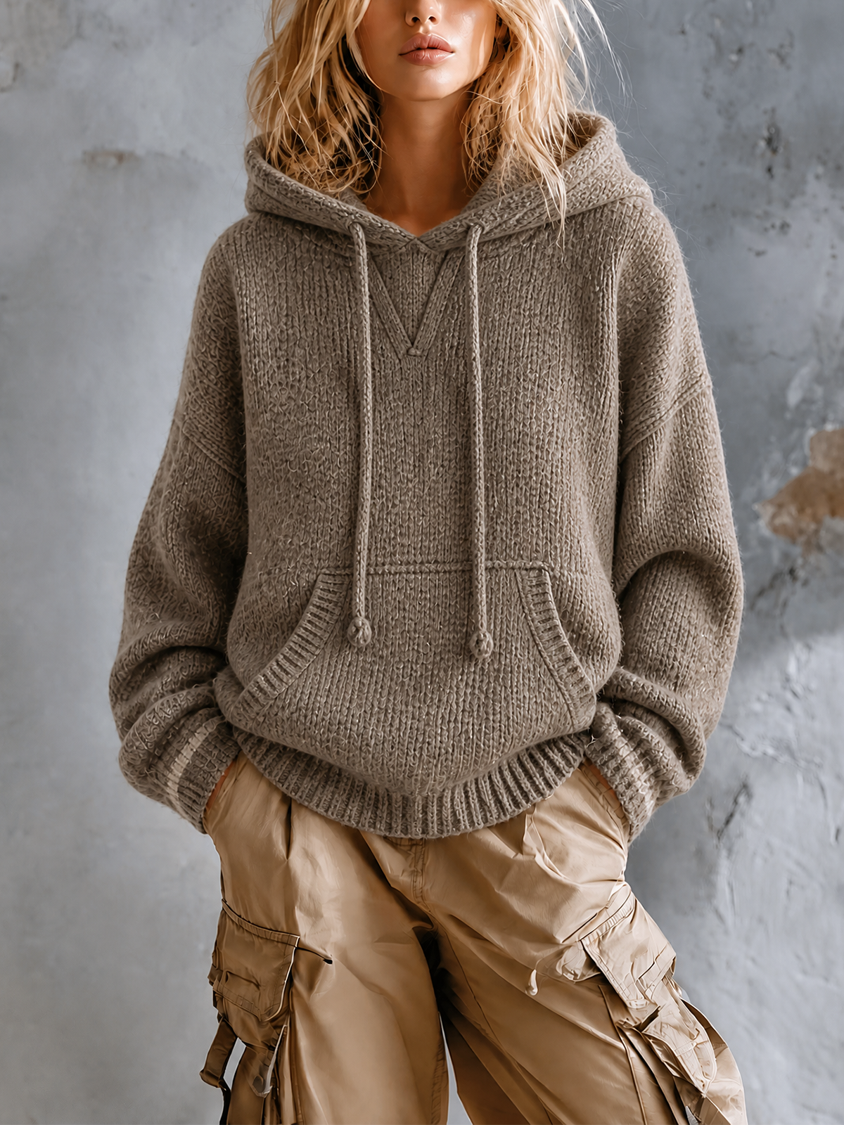 Chic Casual Taupe Drawstring Hooded Neck Dropped-Shoulder Long-Sleeve Kangaroo Pocket Loose-Fit Knit Sweater