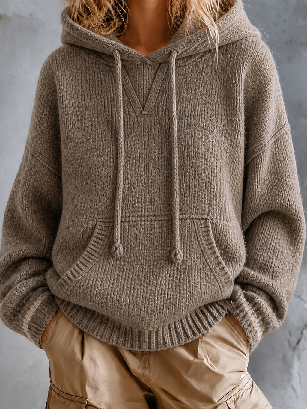 Chic Casual Taupe Drawstring Hooded Neck Dropped-Shoulder Long-Sleeve Kangaroo Pocket Loose-Fit Knit Sweater
