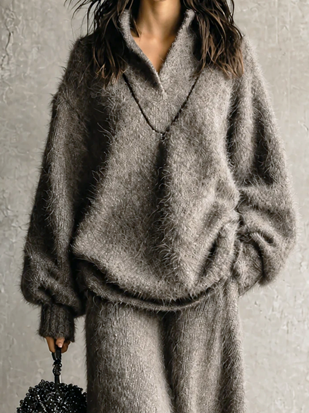 Chic Casual Taupe Stand Collar V‑Neck Long Sleeve Loose-Fit Sweater A-Line Lace Hem Midi Skirt Soft Fuzzy Knit Two-Piece Set