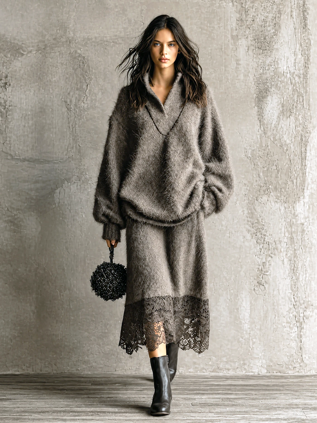 Chic Casual Taupe Stand Collar V‑Neck Long Sleeve Loose-Fit Sweater A-Line Lace Hem Midi Skirt Soft Fuzzy Knit Two-Piece Set