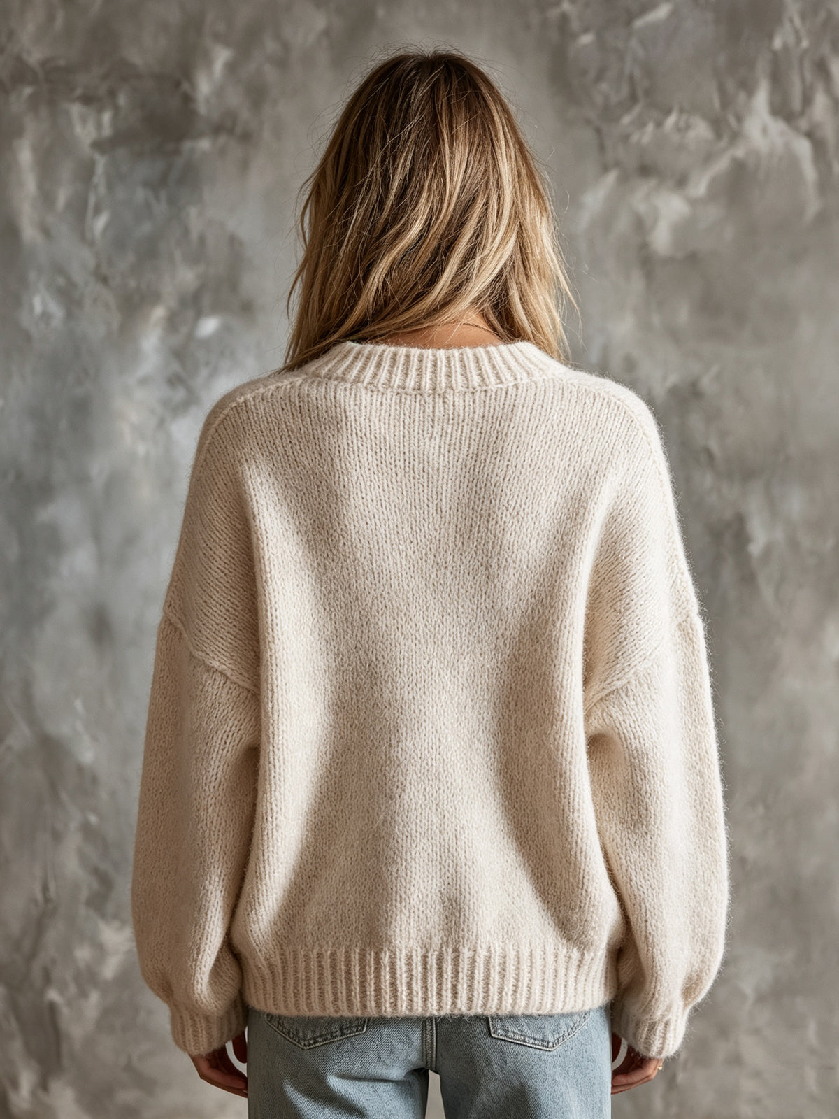 Chic Casual Beige V-Neck Dropped-Shoulder Long-Sleeve Cat Jacquard Loose-Fit Warm Wool Blend Knit Sweater
