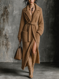 Chic Casual Camel Notched Lapel Collar Long-Sleeve Patch Pockets Belted Loose-Fit Ribbed Knit Maxi Cardigan