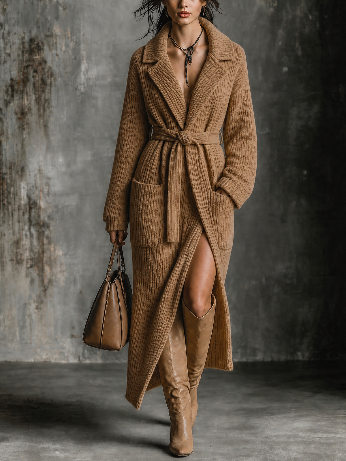 Chic Casual Camel Notched Lapel Collar Long-Sleeve Patch Pockets Belted Loose-Fit Ribbed Knit Maxi Cardigan