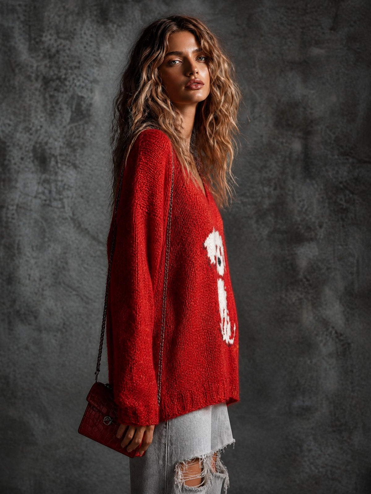 Chic Casual Red V-Neck Dropped-Shoulder Long-Sleeve Dog Jacquard Loose-Fit Wool Blend Knit Sweater