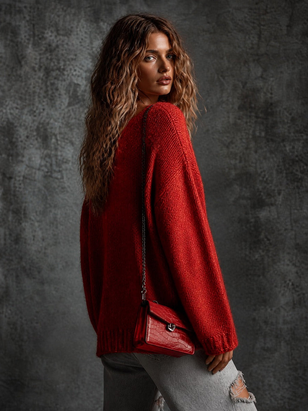 Chic Casual Red V-Neck Dropped-Shoulder Long-Sleeve Dog Jacquard Loose-Fit Wool Blend Knit Sweater