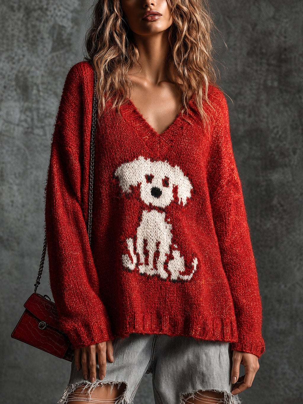 Chic Casual Red V-Neck Dropped-Shoulder Long-Sleeve Dog Jacquard Loose-Fit Wool Blend Knit Sweater