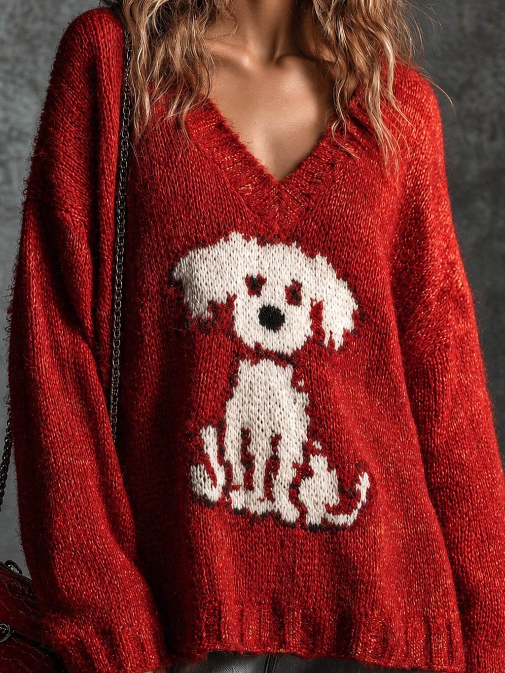 Chic Casual Red V-Neck Dropped-Shoulder Long-Sleeve Dog Jacquard Loose-Fit Wool Blend Knit Sweater