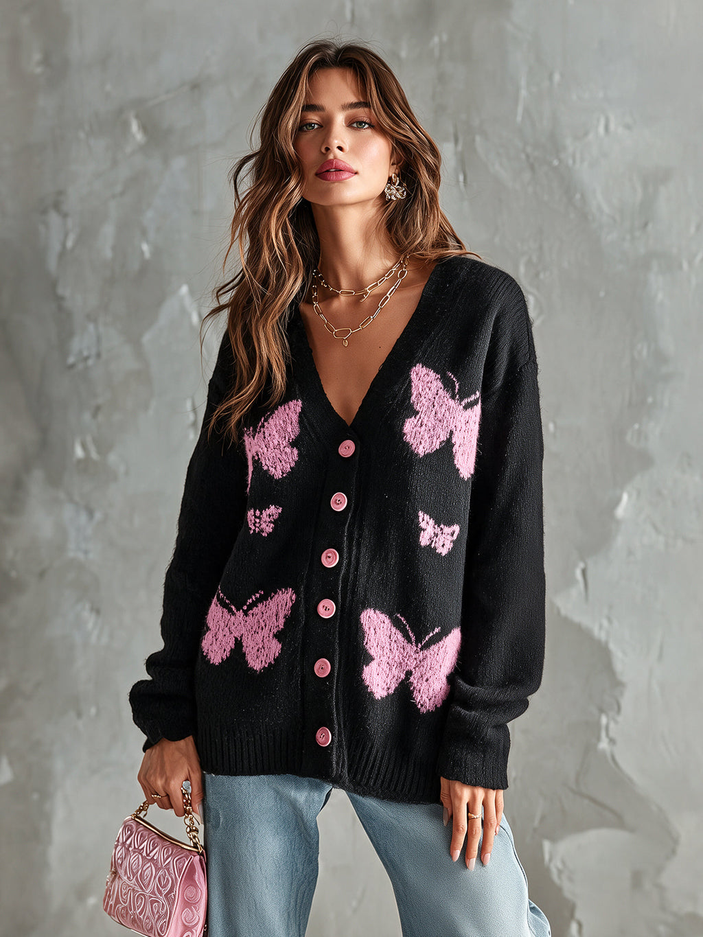 Chic Elegant Black-Pink Butterfly Jacquard V-Neck Long-Sleeve Single-Breasted Loose-Fit Wool Blend Knit Cardigan