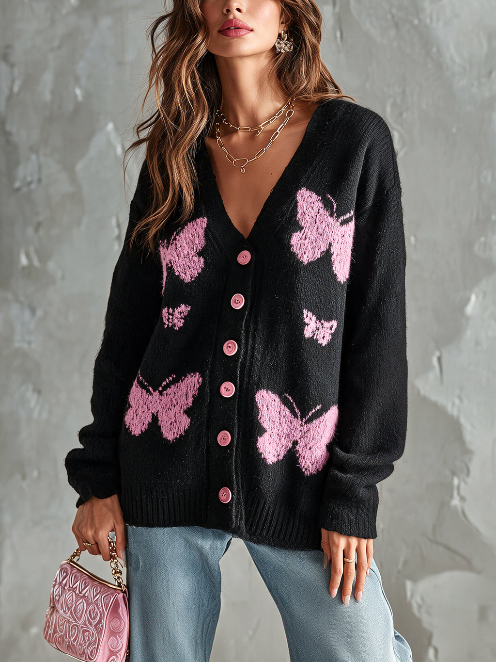 Chic Elegant Black-Pink Butterfly Jacquard V-Neck Long-Sleeve Single-Breasted Loose-Fit Wool Blend Knit Cardigan