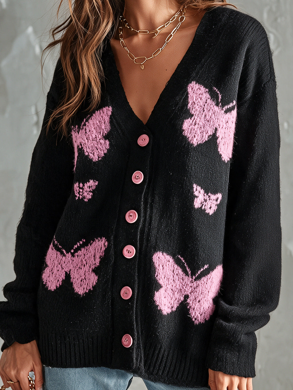 Chic Elegant Black-Pink Butterfly Jacquard V-Neck Long-Sleeve Single-Breasted Loose-Fit Wool Blend Knit Cardigan